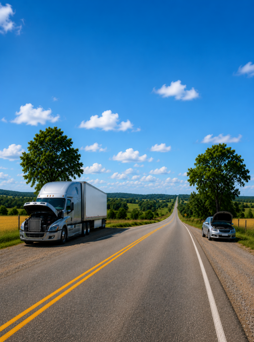 Picture of a semi and a car broken down on the road representing vehicles we can repair