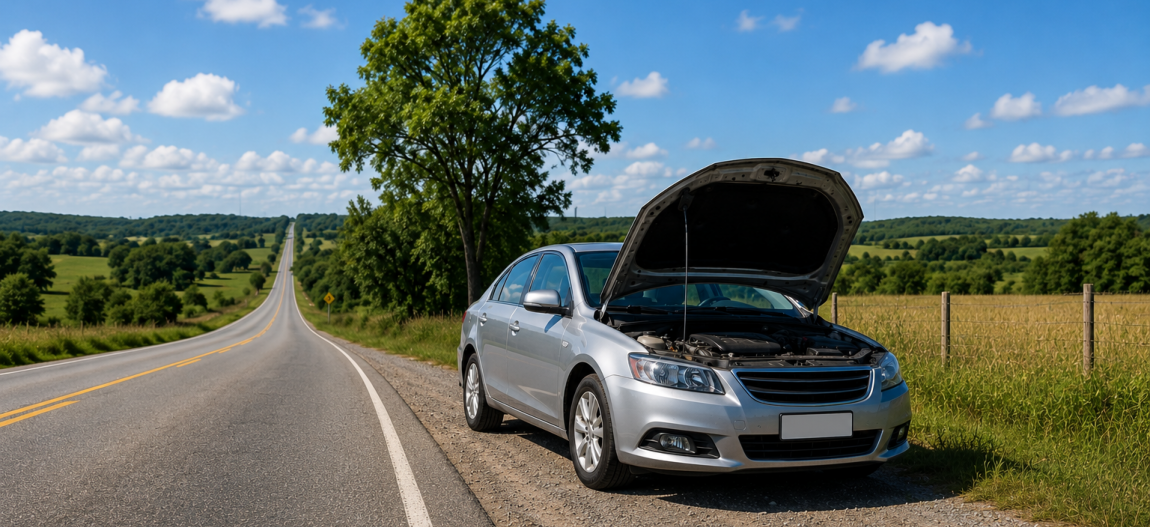 A car broken down on the side of the road