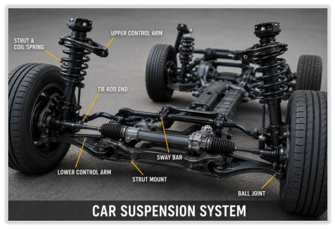 Picture of a car suspension system showing what we can work on.